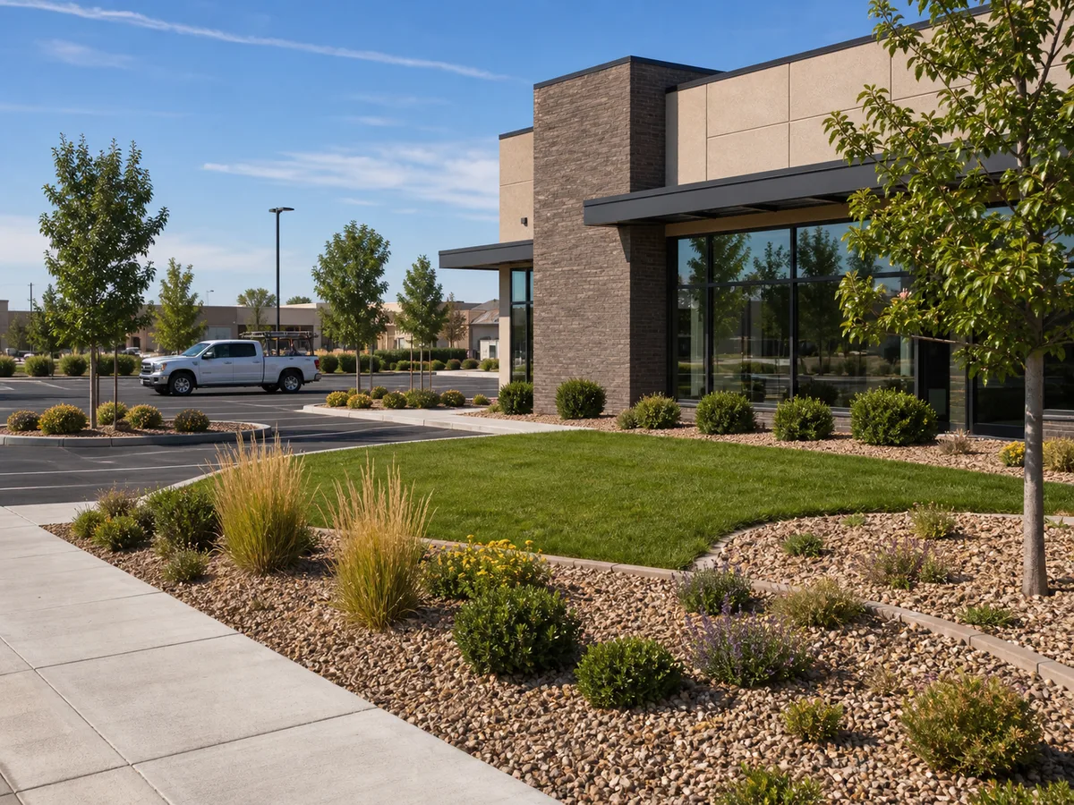 Commercial landscape maintenance with turf, rock islands, shrubs, and clean curbs in Grand Junction