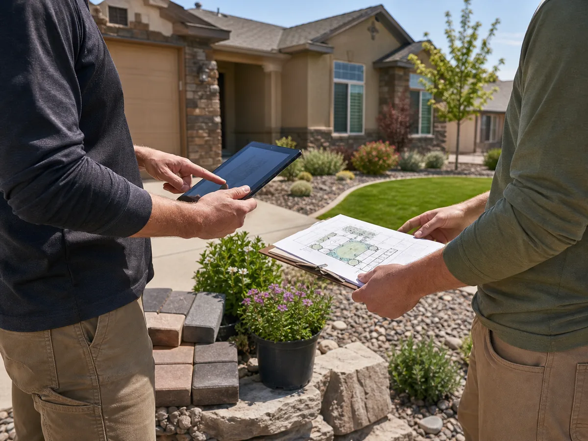 Landscaping consultation beside a Mesa County suburban front yard with tablet, plans, pavers, and plants