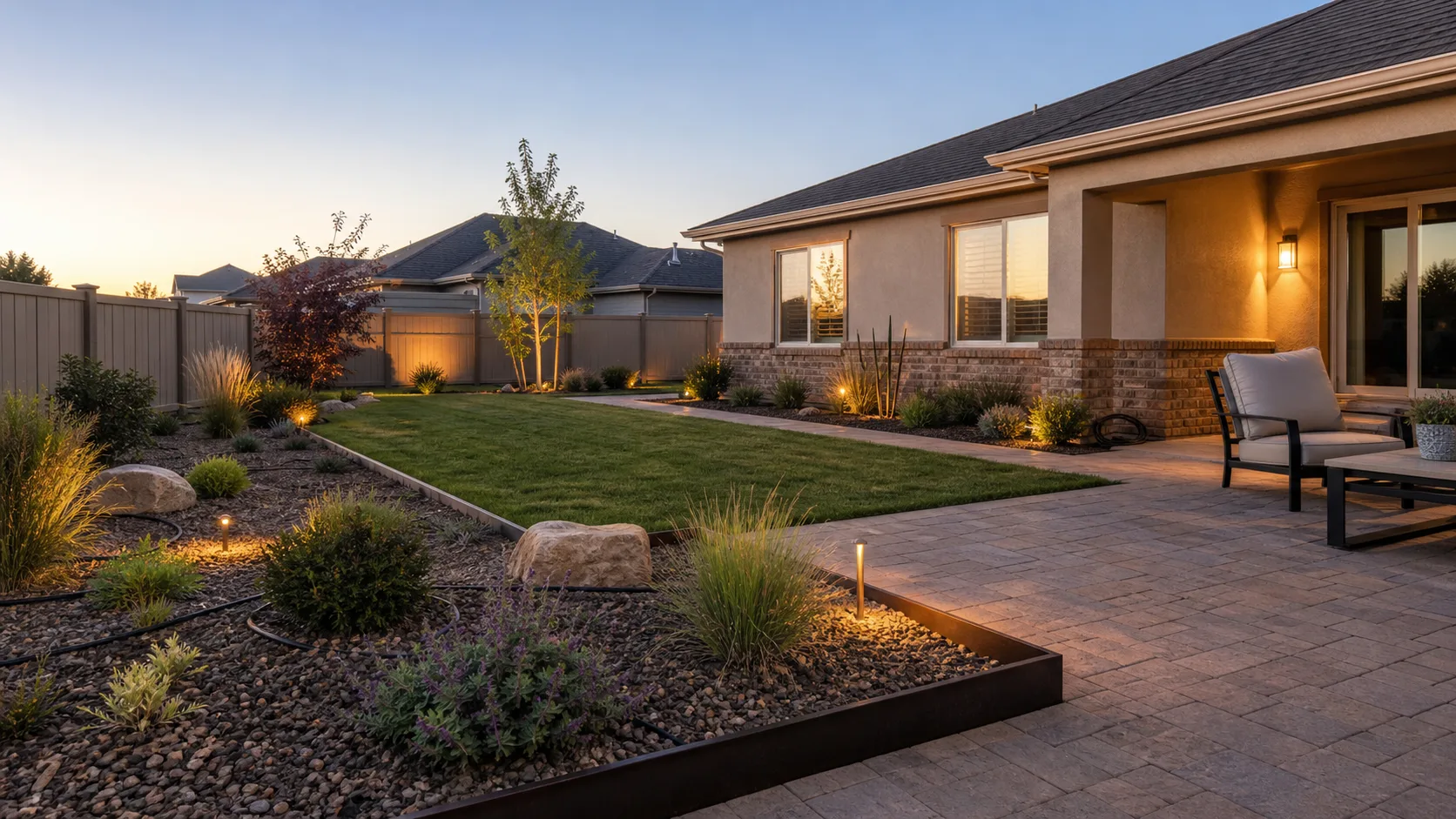 Mesa County backyard landscape with paver patio, turf, low-water beds, and suburban homes