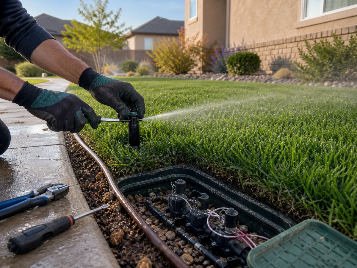 Close-up of irrigation repair with valve box, drip line, and sprinkler head in a Mesa County yard