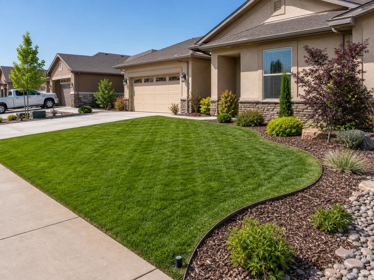 Freshly maintained Mesa County front lawn with clean edging, sidewalk, and planting beds