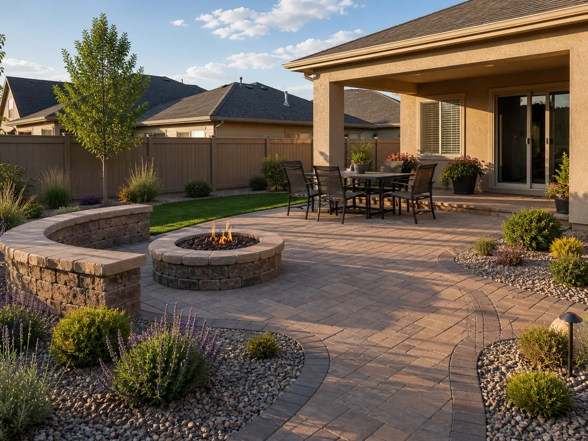 Paver patio with seat wall, gravel beds, lawn transition, and Mesa County suburban home