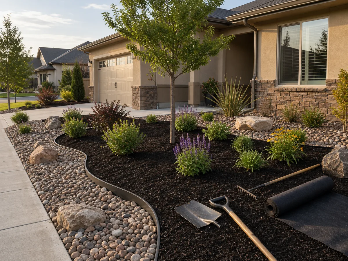 Fresh planting beds with mulch, rock, edging, shrubs, and perennials in a Mesa County front yard