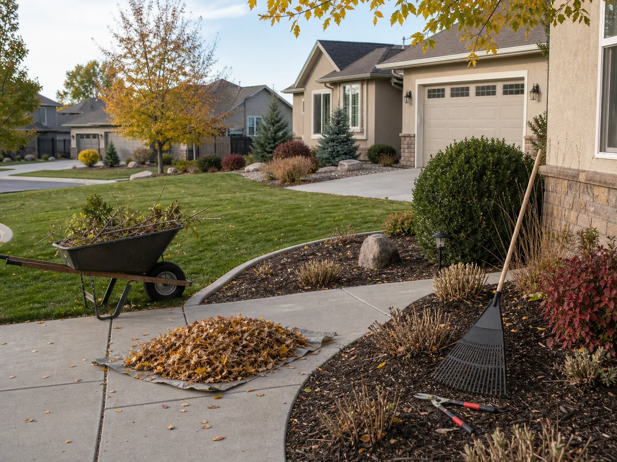 Seasonal cleanup with pruned shrubs, leaf removal, and refreshed beds at a Western Colorado home