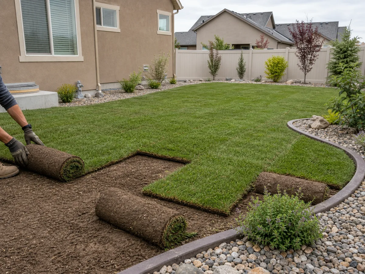 Fresh sod being installed in a compact Mesa County backyard with clean soil preparation