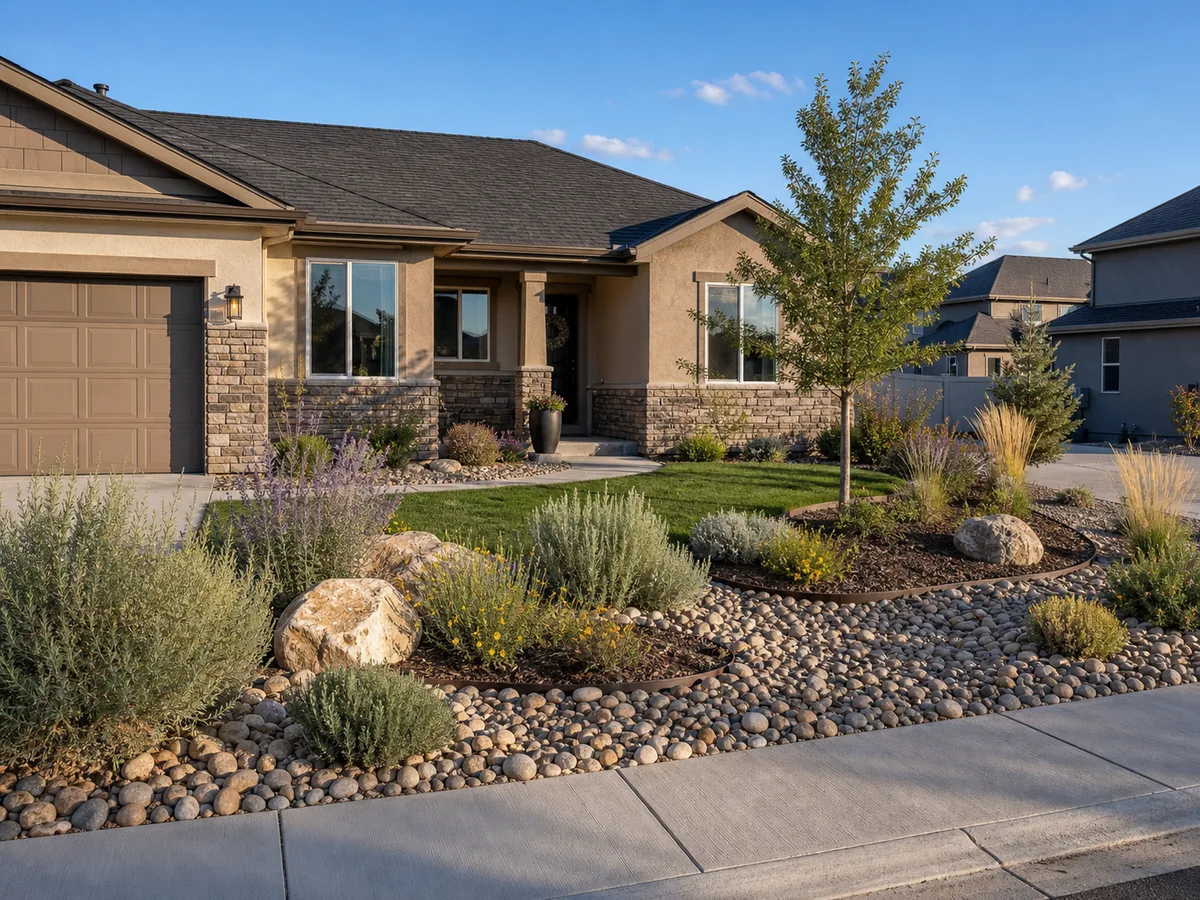 Water-wise Mesa County front yard with river rock, ornamental grasses, shrubs, and compact lawn area